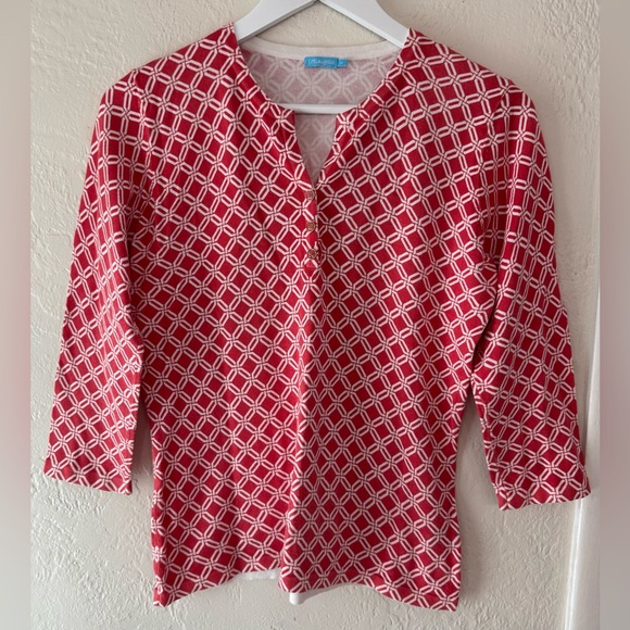 J. McLaughlin Tops - J. McLaughlin Coral Print Blouse Top Split‎ Neck Geometric Cotton Modal Coastal